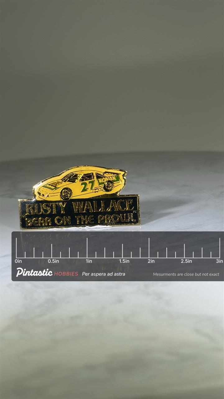 Rusty Wallace Racing Pin: Gold Enamel Finish - NASCAR Collectible Accessory with ruler overlay for size reference