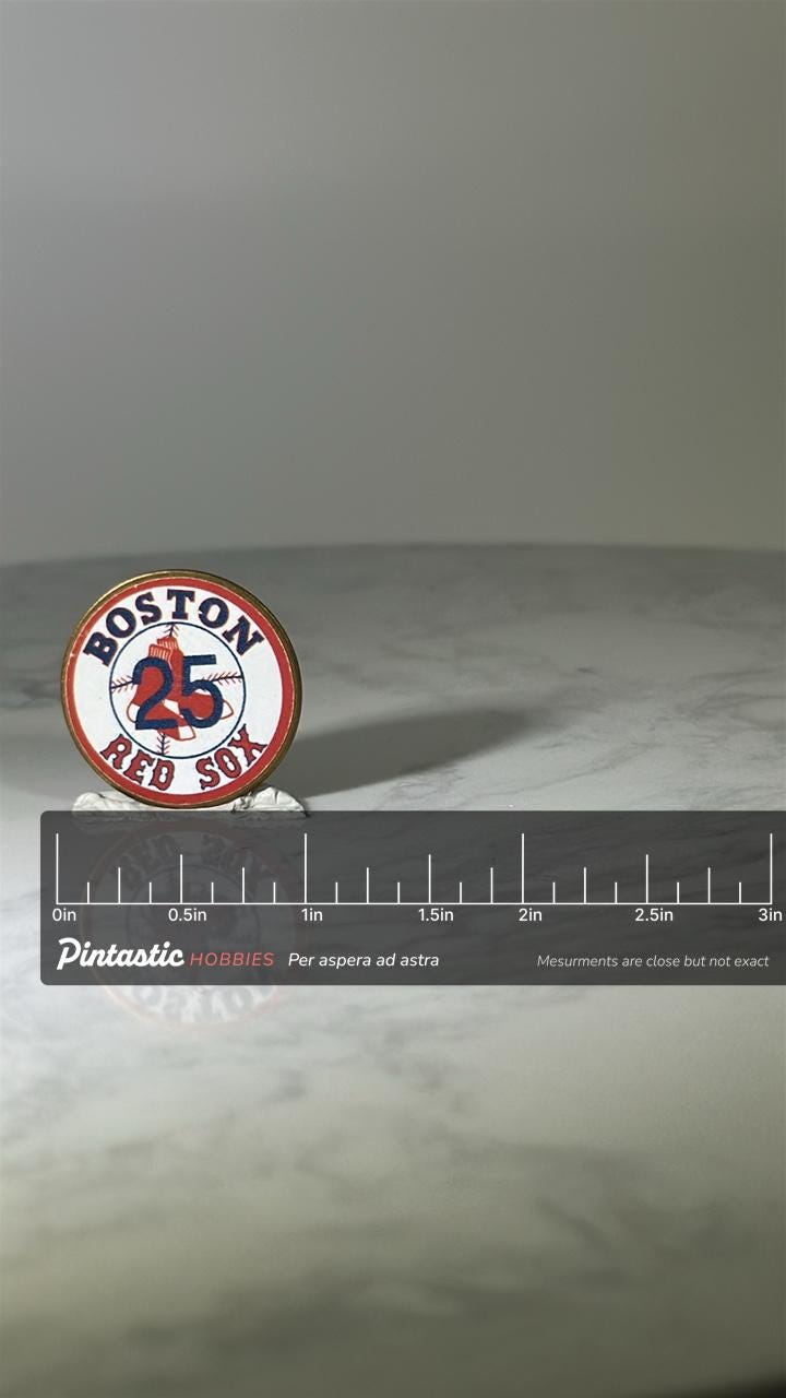 Boston Red Sox 25th Anniversary Pin: Red White Blue Enamel - MLB Collectible with ruler overlay for size reference