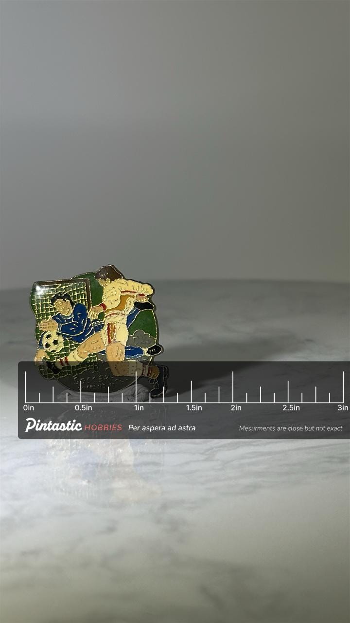 Vintage Soccer Sports Pin: Multicolor Enamel - Retro Athletic Accessory with ruler overlay for size reference