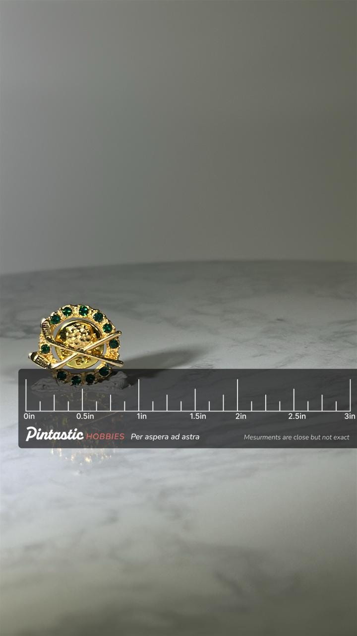 Golf Club Lapel Pin: Gold Tone with Green Gems - Vintage Sports Accessory with ruler overlay for size reference