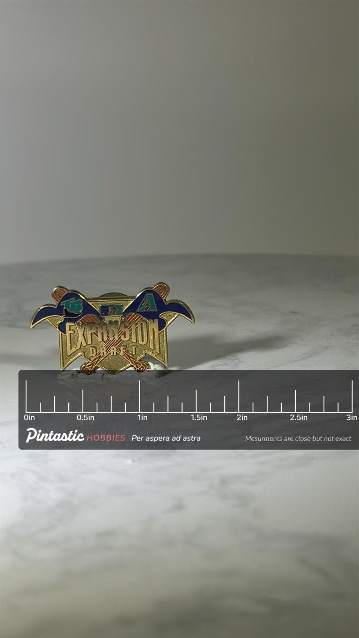 MLB Expansion Draft Pin: Gold Enamel Finish - 1990s Baseball Accessory with ruler overlay for size reference