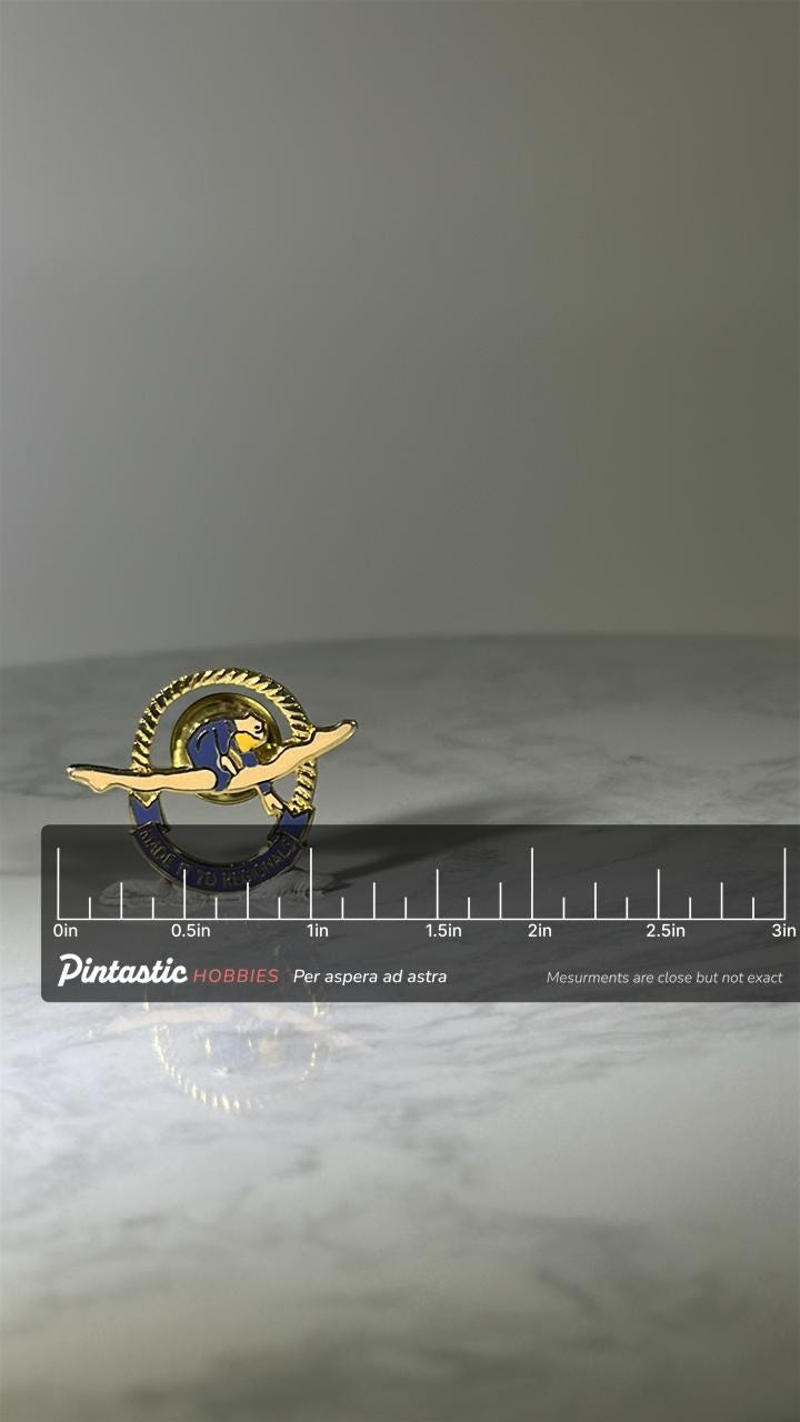 Gymnastics Achievement Pin: Gold & Blue Enamel - Regional Award Accessory with ruler overlay for size reference