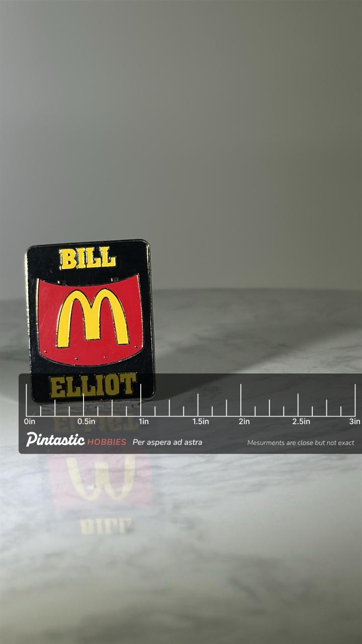 Bill Elliott Racing Pin: McDonald's Red & Yellow - NASCAR Collectible Accessory with ruler overlay for size reference