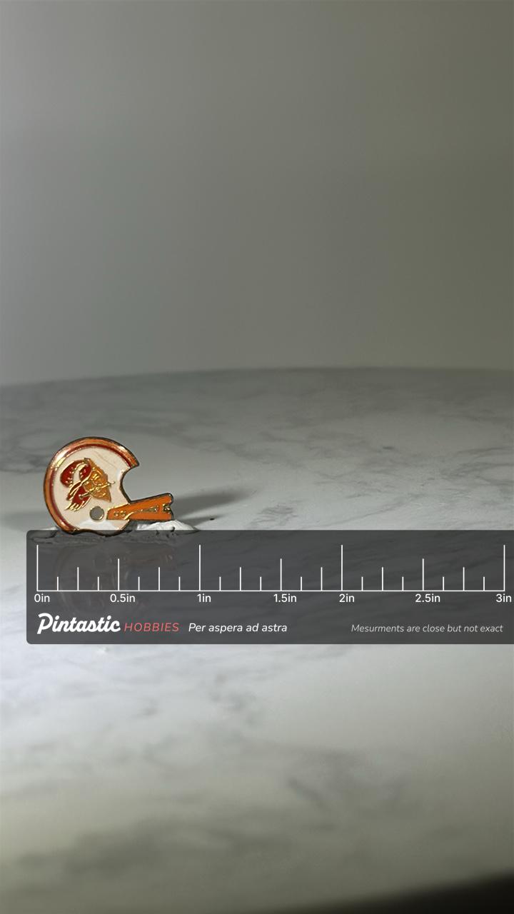 Tampa Bay Buccaneers Helmet Pin: White & Orange Enamel - Vintage Sports Accessory with ruler overlay for size reference