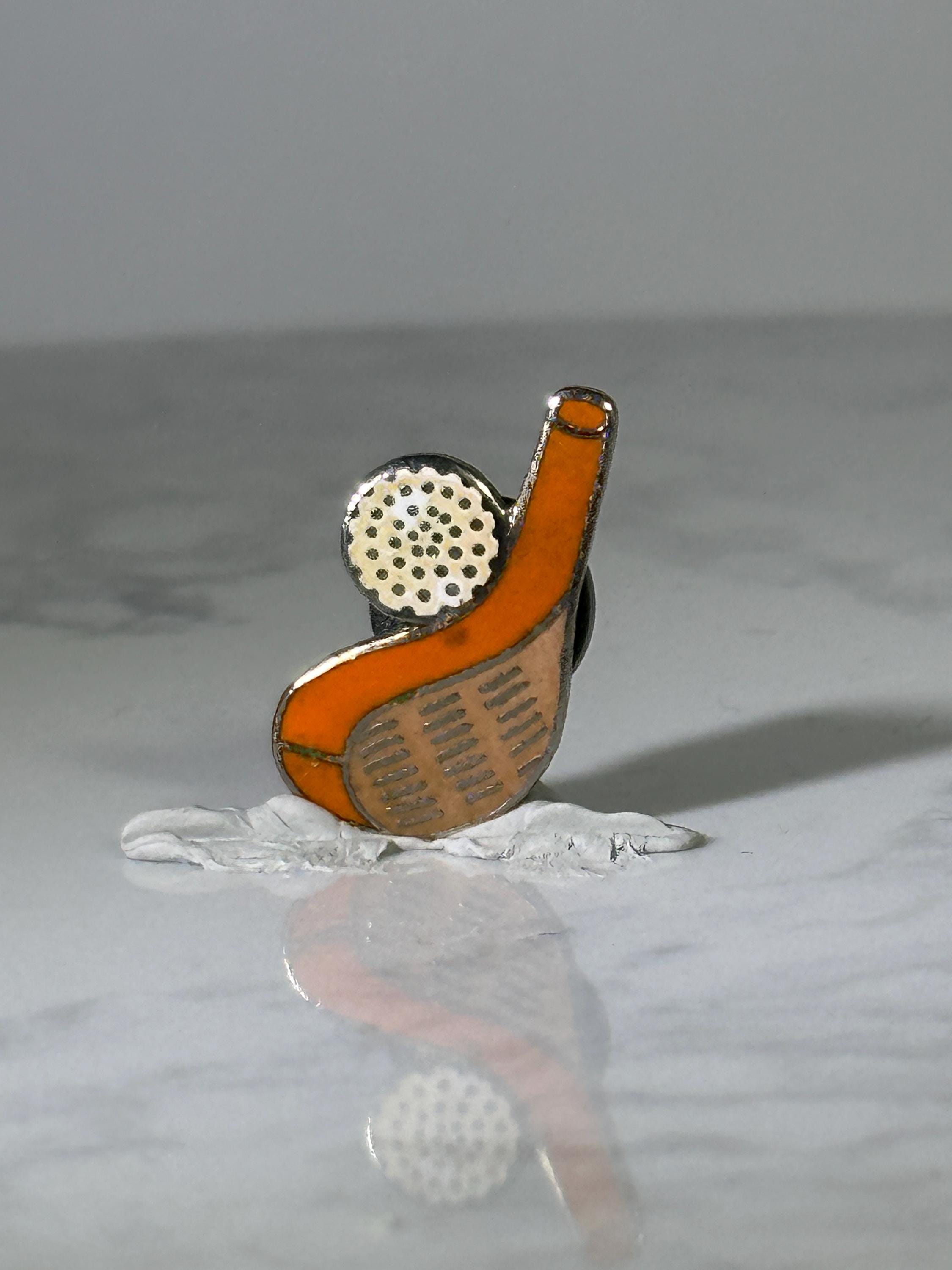 Vintage Golf Driver & Ball Pin: Orange Enamel Metal - Retro Sports Accessory