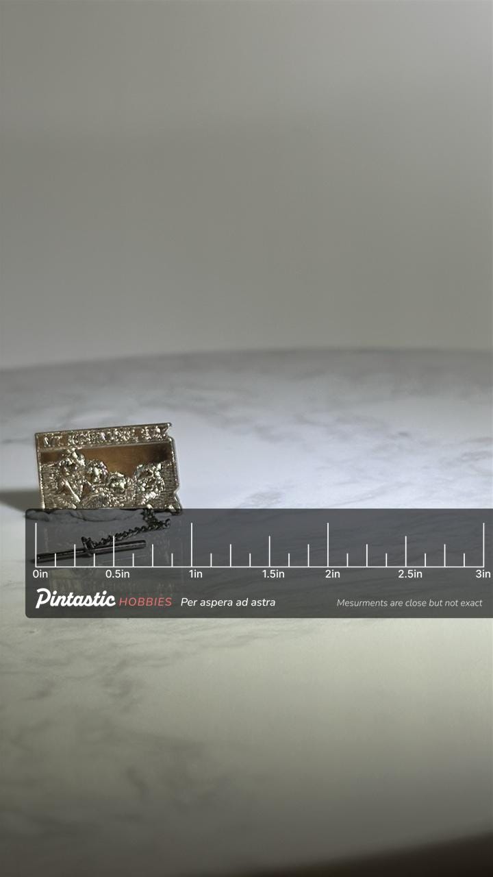 Mt. Rushmore Tie Tack: Silver Metal Finish - Souvenir State Accessory with ruler overlay for size reference