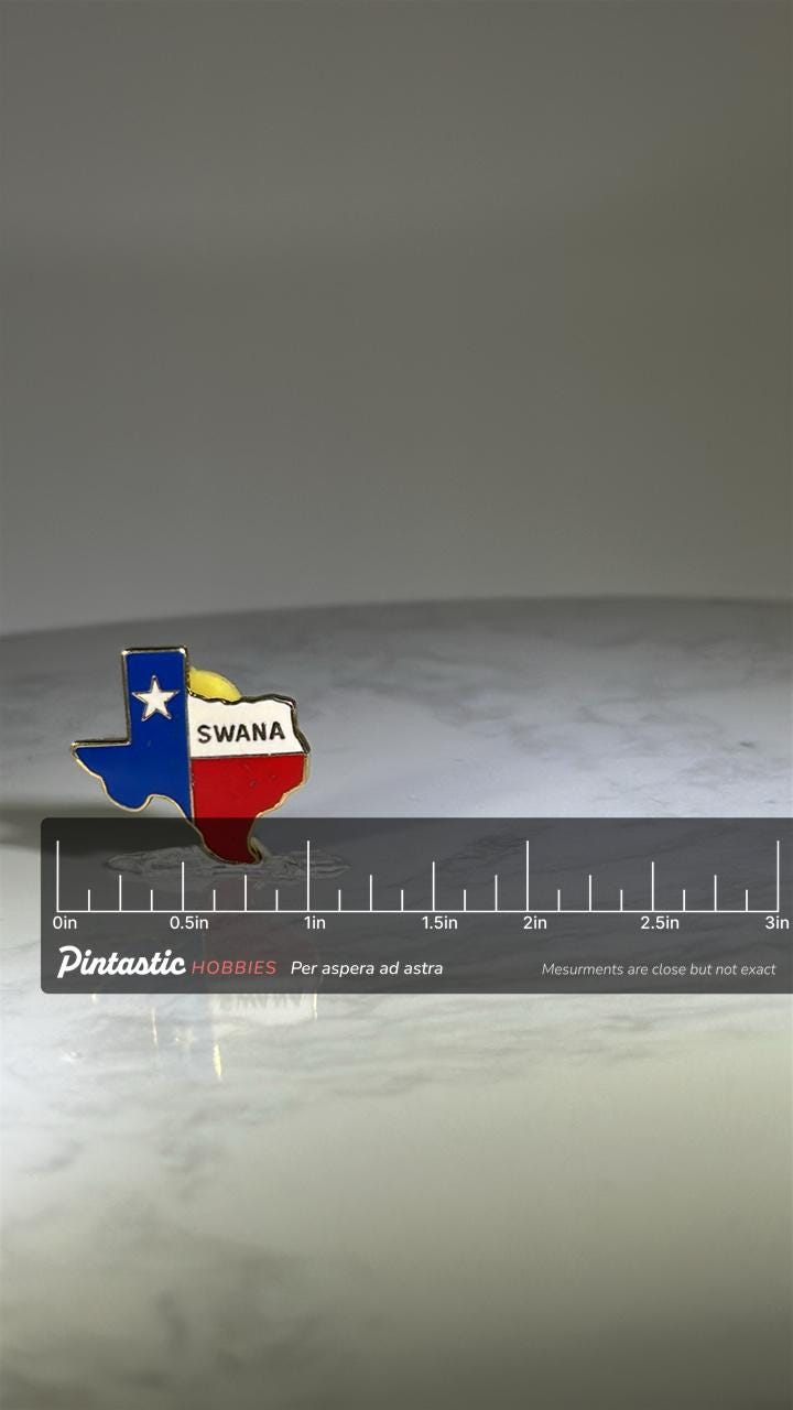 Texas SWANA Lapel Pin: Red White Blue Enamel - Patriotic Accessory with ruler overlay for size reference