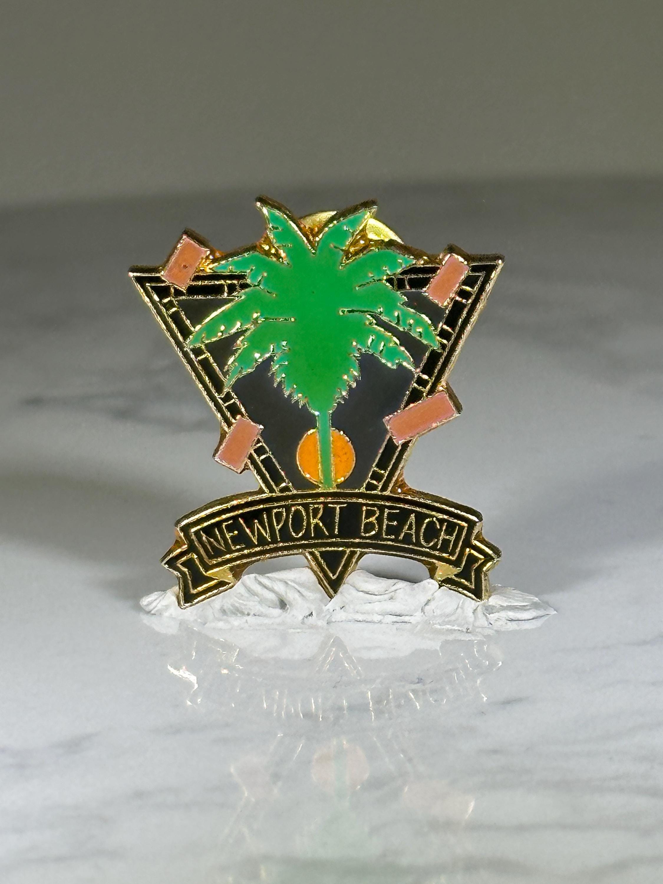 Newport Beach Souvenir Pin: Palm Tree Black Gold Enamel - 1980s Travel Accessory