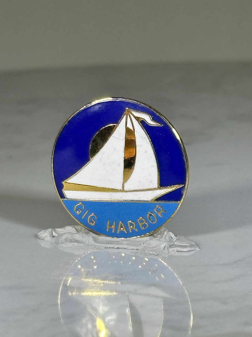 Gig Harbor Sailboat Pin: Blue Enamel Gold-Tone - Nautical Souvenir Accessory
