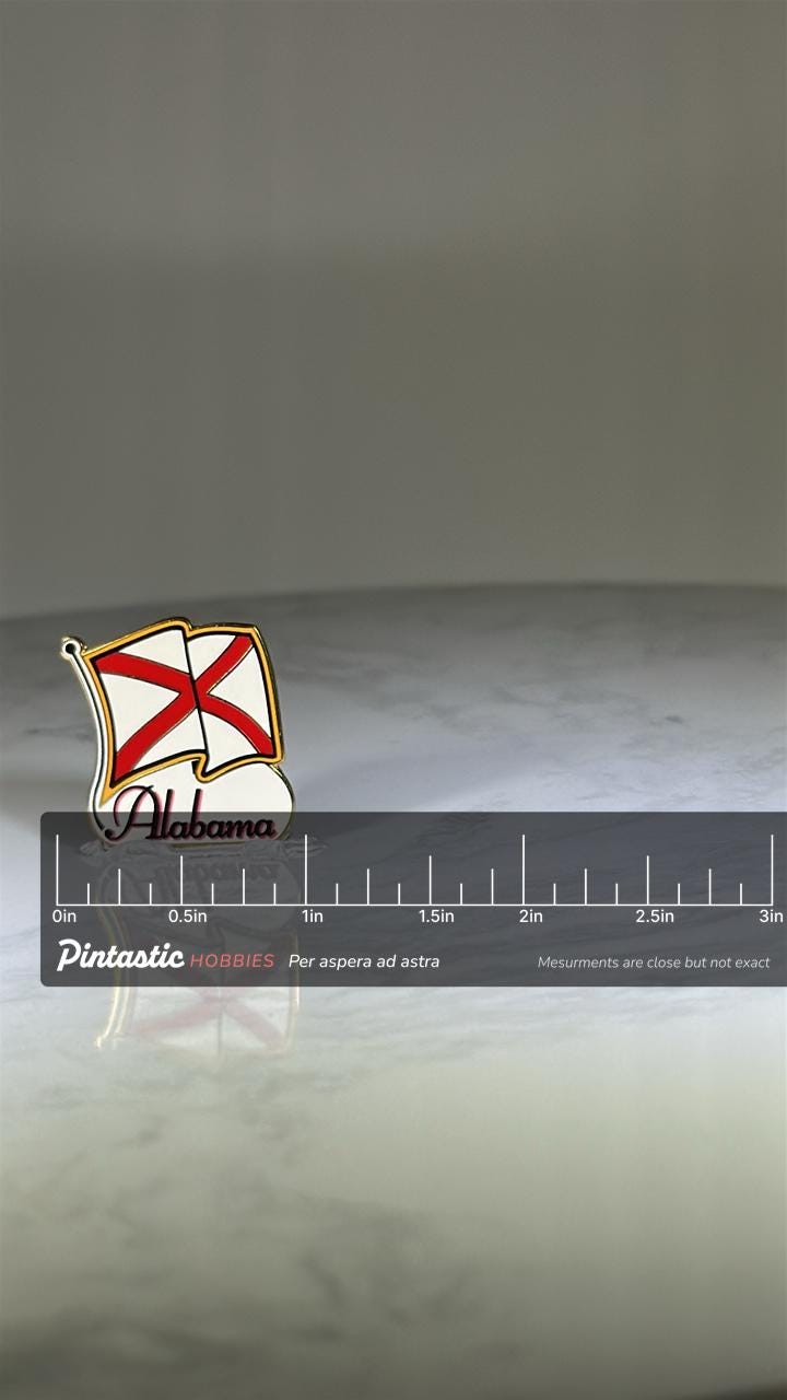 Alabama State Flag Pin: Bold Red & White Enamel - Vintage Souvenir Accessory with ruler overlay for size reference