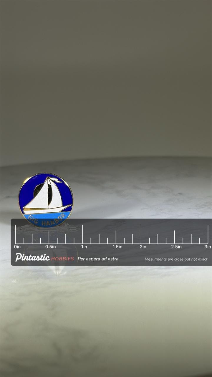Gig Harbor Sailboat Pin: Blue Enamel Gold-Tone - Nautical Souvenir Accessory with ruler overlay for size reference