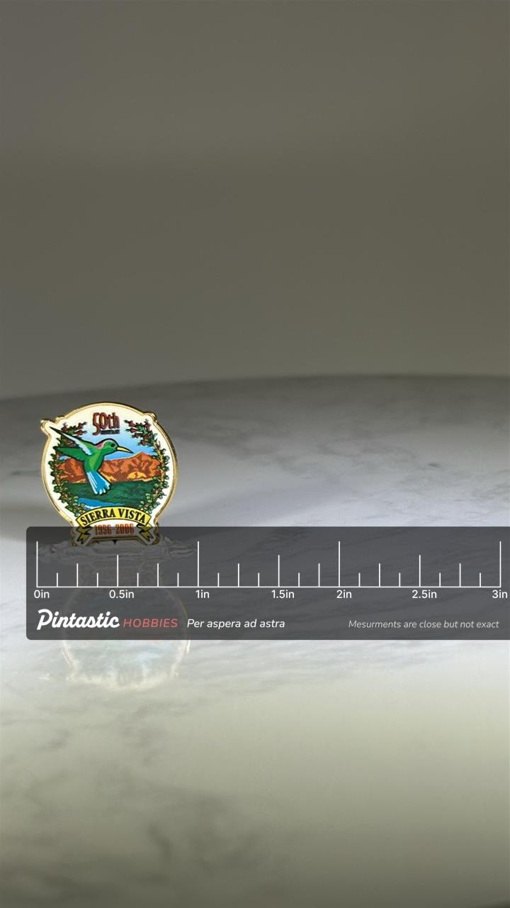 Sierra Vista Arizona Commemorative Pin: Colorful Enamel Finish - 50th Anniversary Accessory with ruler overlay for size refer