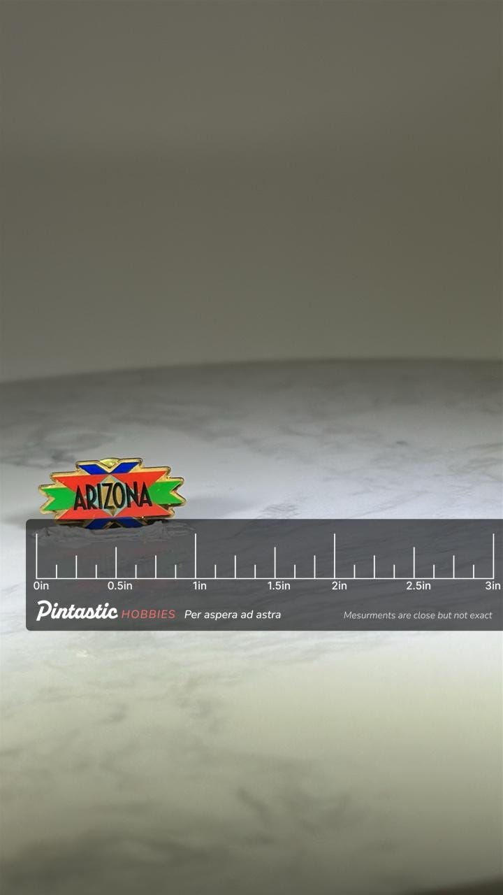 Arizona Souvenir Pin: Bold Southwest Colors - Vintage Travel Accessory with ruler overlay for size reference