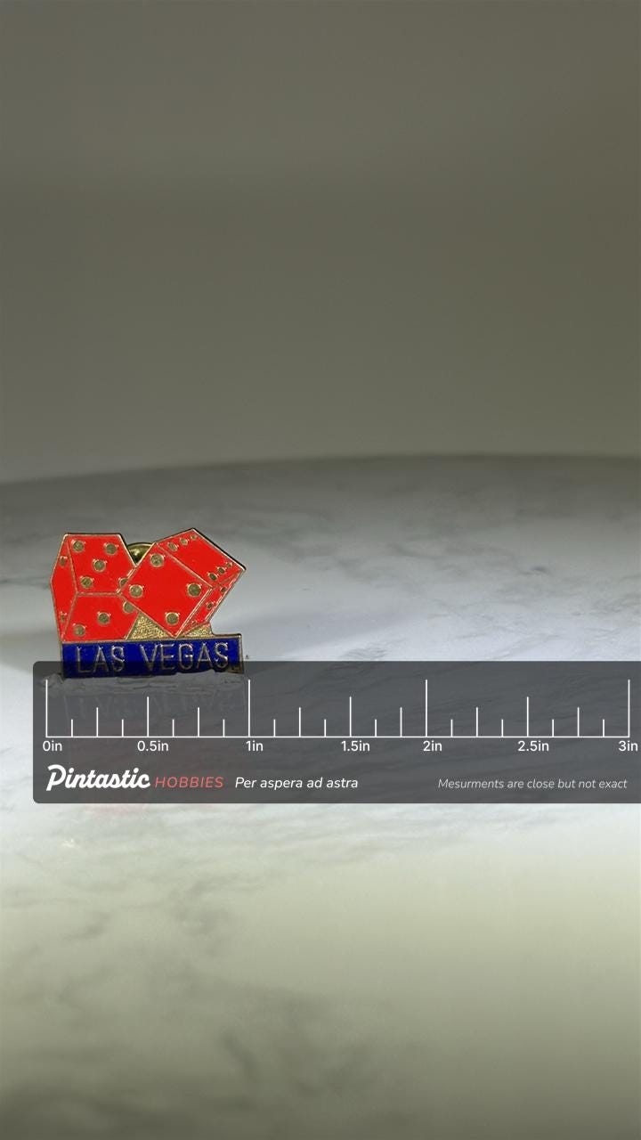 Las Vegas Dice Pin: Red Enamel Gold-Tone - Vintage Souvenir Accessory with ruler overlay for size reference