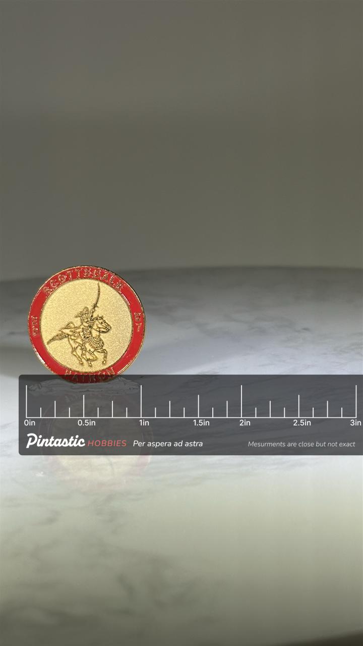 Scottsdale Patron Pin: Gold Tone Red Border - Western Rodeo Theme Accessory with ruler overlay for size reference