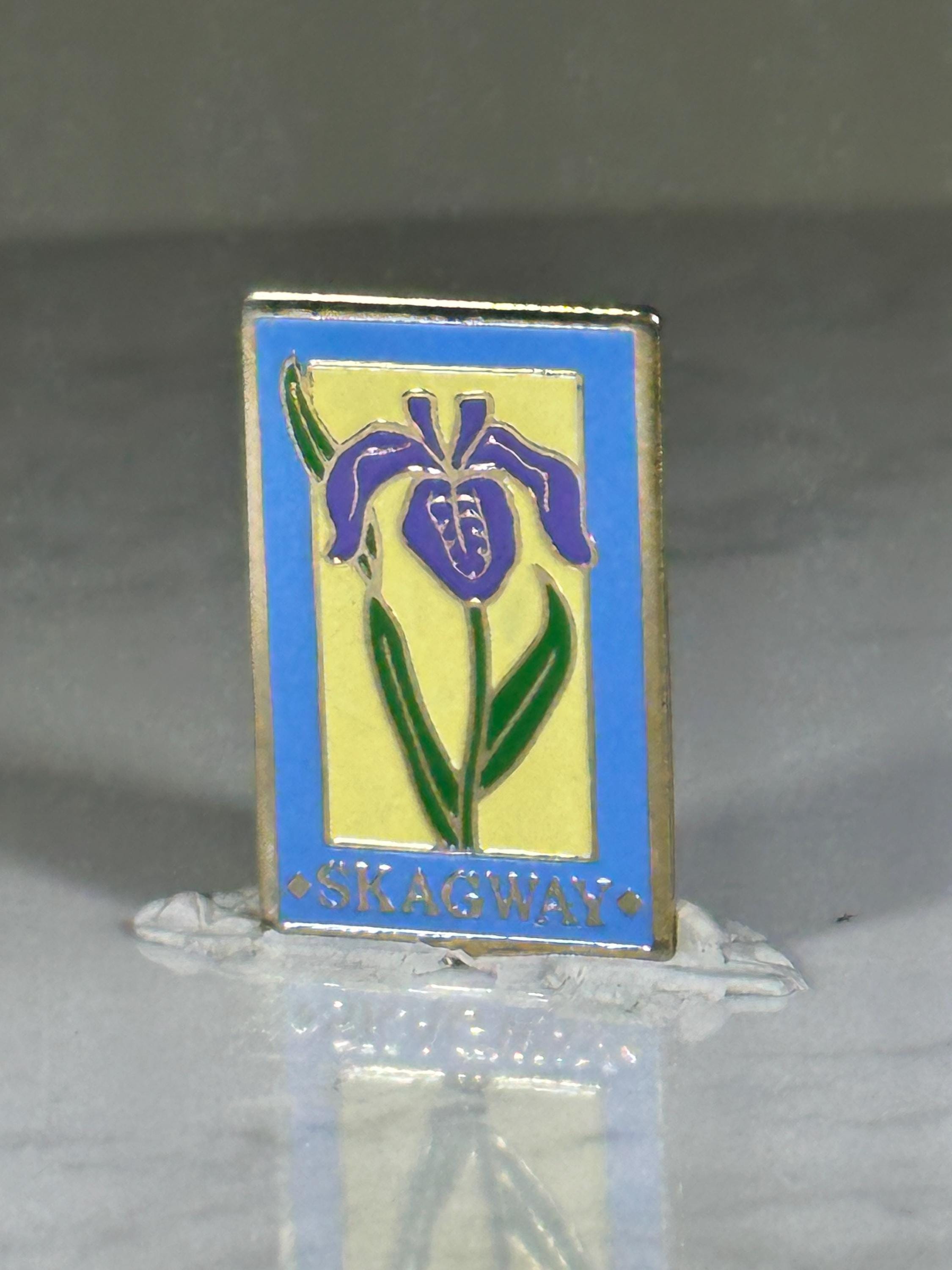 Skagway Iris Flower Pin: Purple Enamel Goldtone - Vintage Travel Accessory