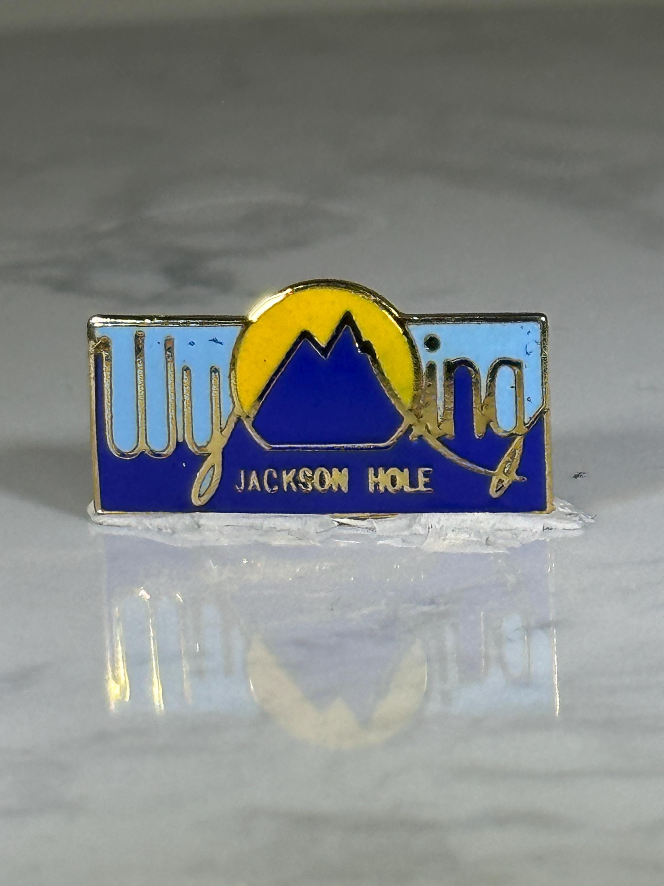Wyoming Jackson Hole Pin: Blue & Gold Enamel - Vintage Travel Souvenir Accessory