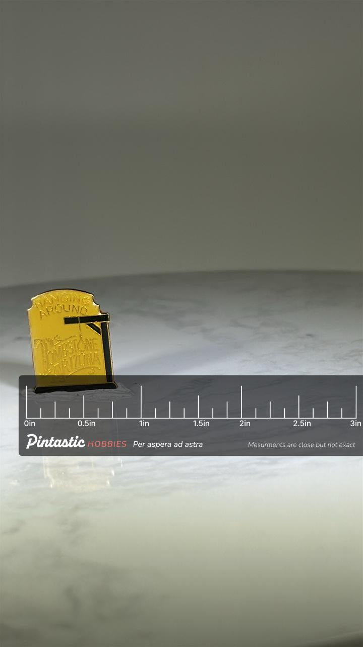 Tombstone Arizona Souvenir Pin: Gold Enamel - Western Travel Accessory with ruler overlay for size reference