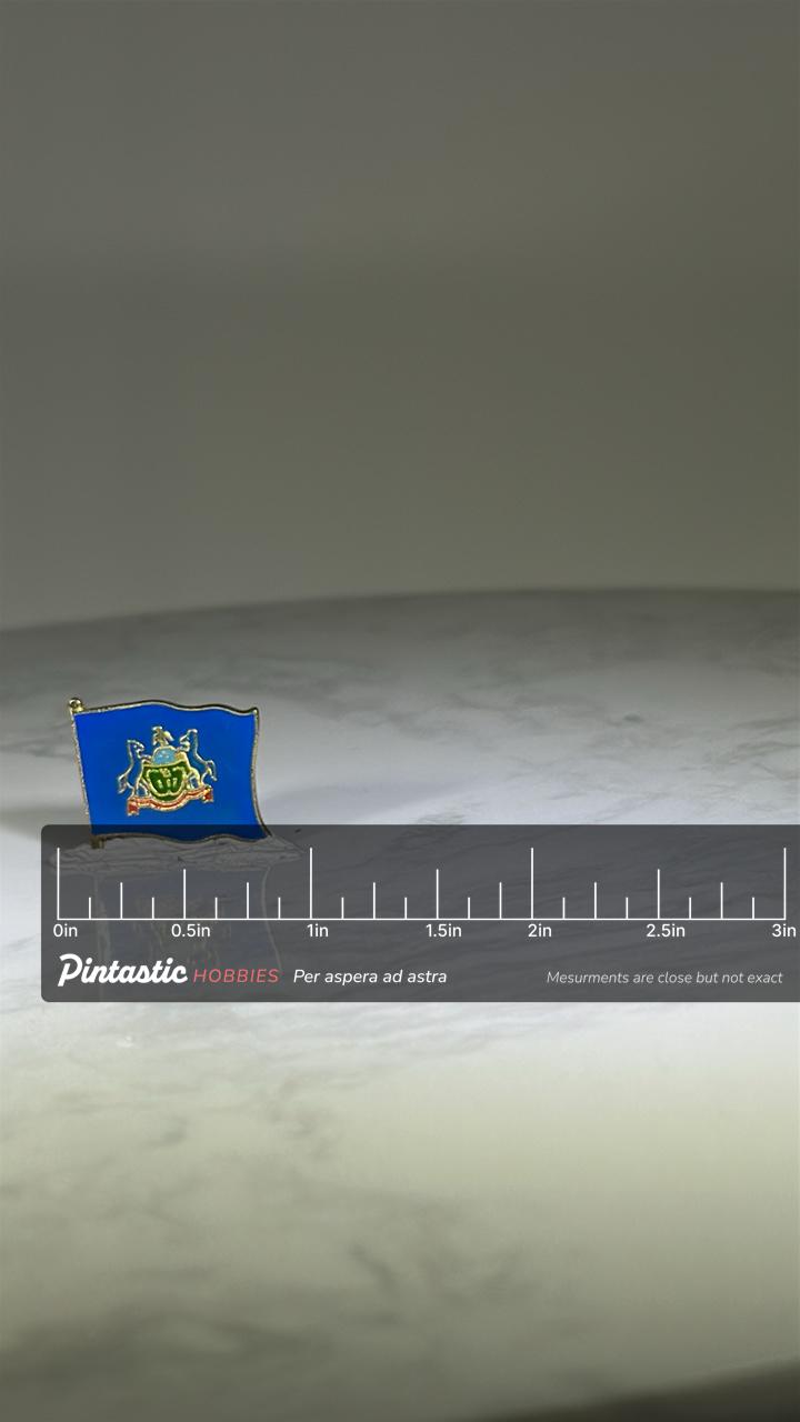 Pennsylvania State Flag Pin: Blue & Gold Enamel - Vintage Souvenir Accessory with ruler overlay for size reference