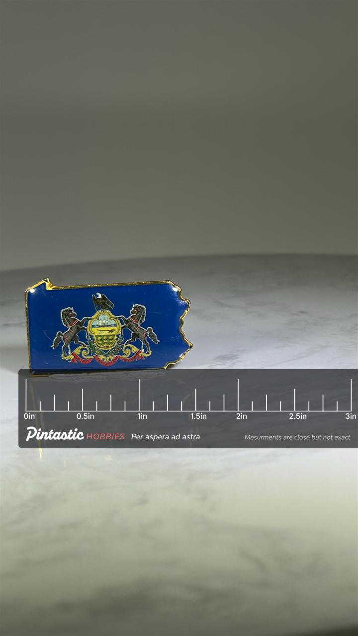 Pennsylvania State Flag Pin: Blue Gold Enamel - Vintage Travel Accessory with ruler overlay for size reference