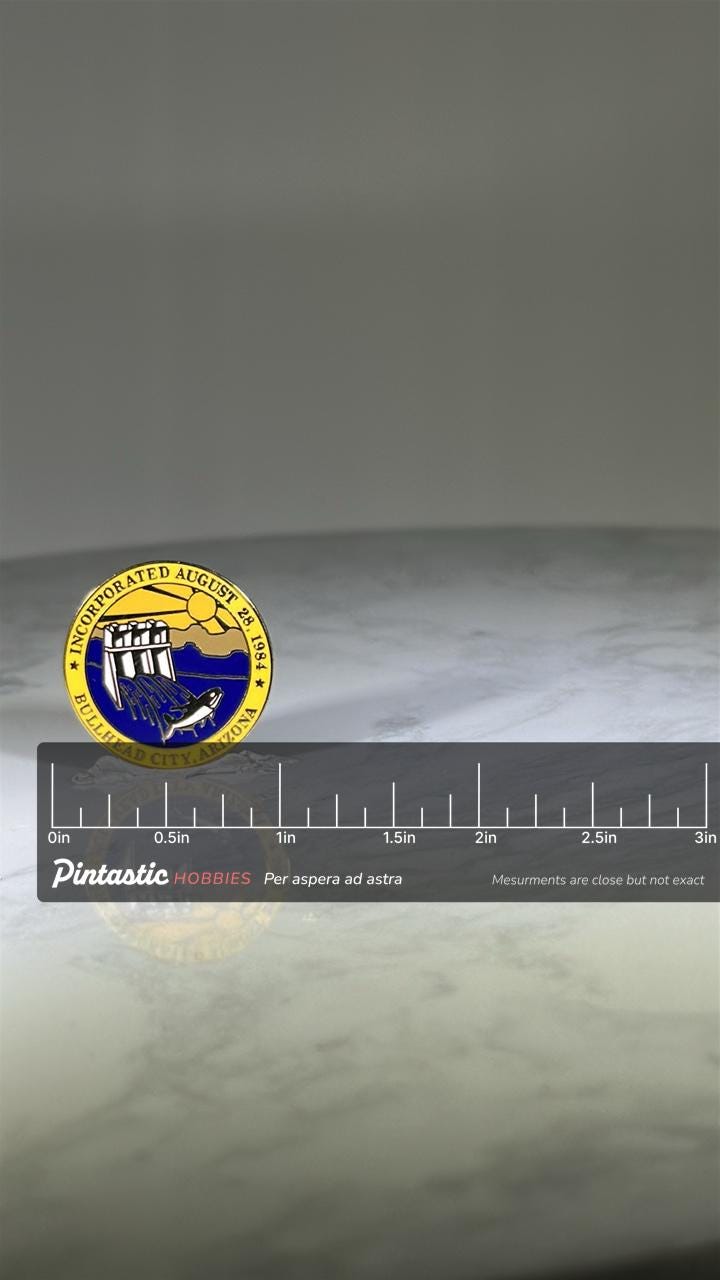 Bullhead City Arizona Pin: Bright Enamel Finish - City Souvenir Accessory with ruler overlay for size reference
