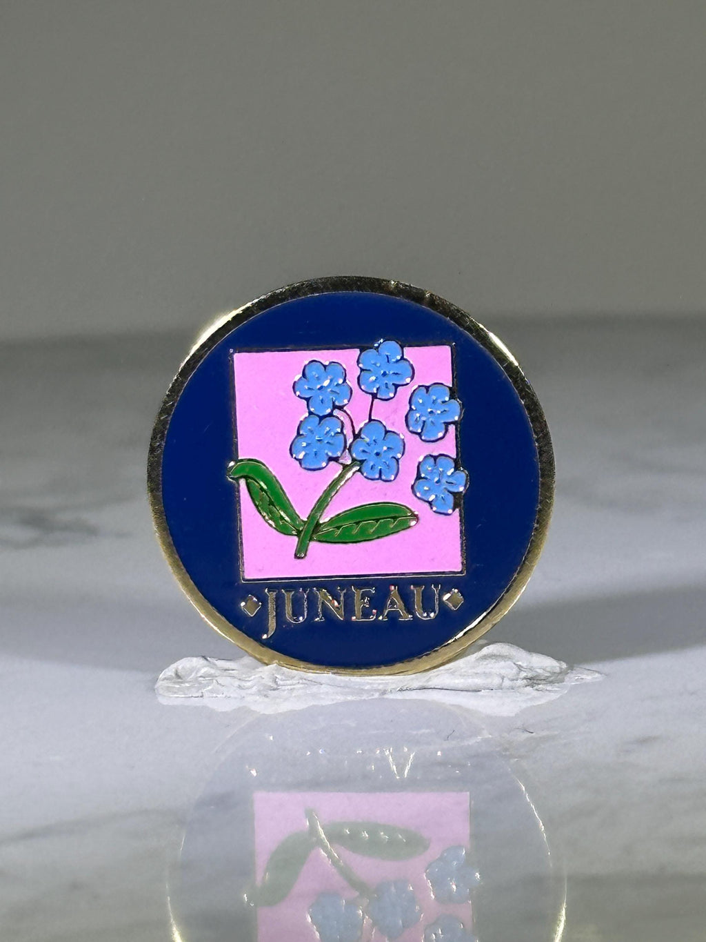 Juneau Floral Enamel Pin: Blue Pink Gold Finish - Vintage Travel Accessory