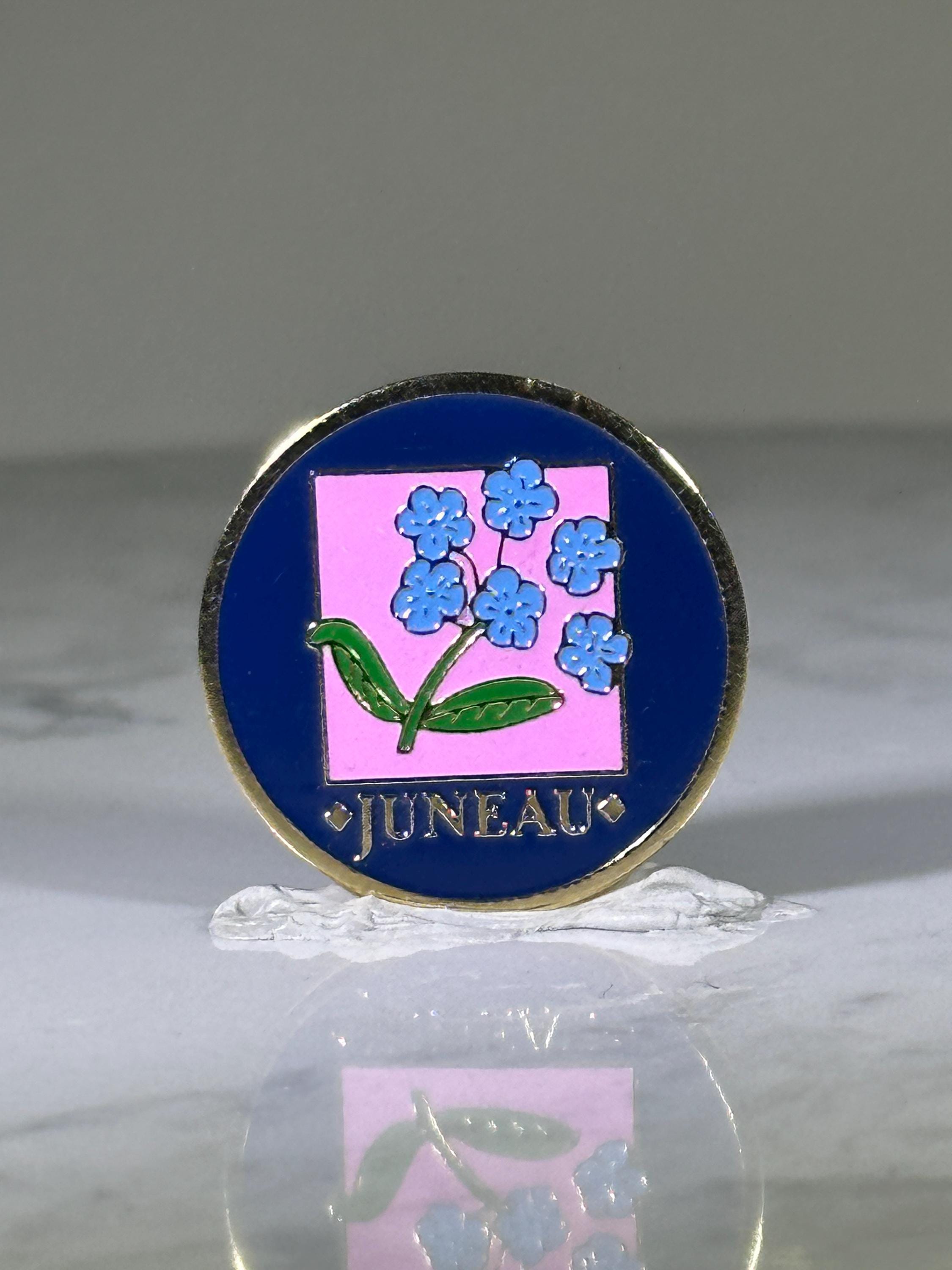 Juneau Floral Enamel Pin: Blue Pink Gold Finish - Vintage Travel Accessory