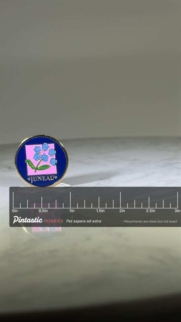 Juneau Floral Enamel Pin: Blue Pink Gold Finish - Vintage Travel Accessory with ruler overlay for size reference