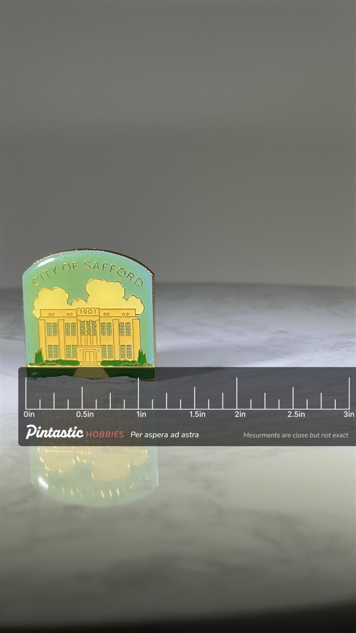 City of Safford Collectible Pin: Yellow Building Enamel - Vintage Souvenir Accessory with ruler overlay for size reference