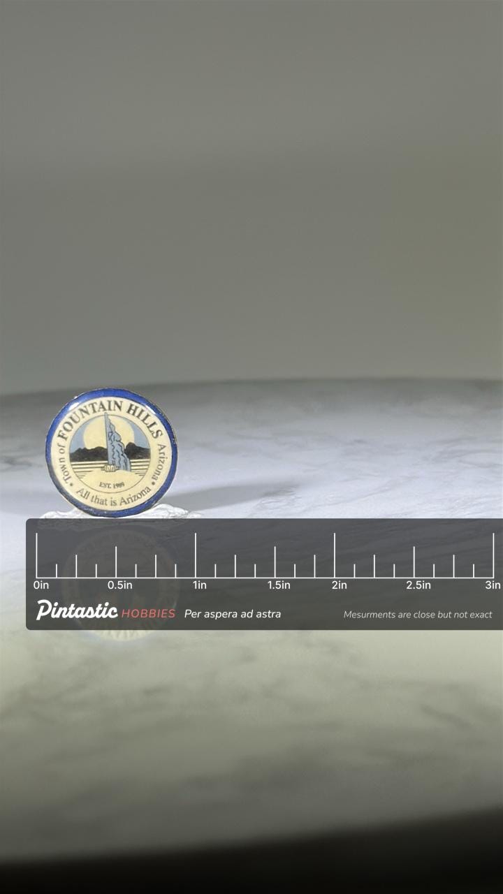 Fountain Hills Arizona Pin: Blue Rim Enamel - Vintage Souvenir Accessory with ruler overlay for size reference