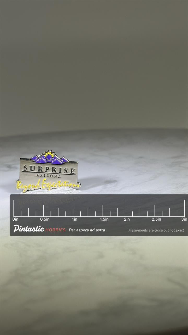 Surprise Arizona Lapel Pin: Silver & Purple Enamel - Travel Souvenir Accessory with ruler overlay for size reference
