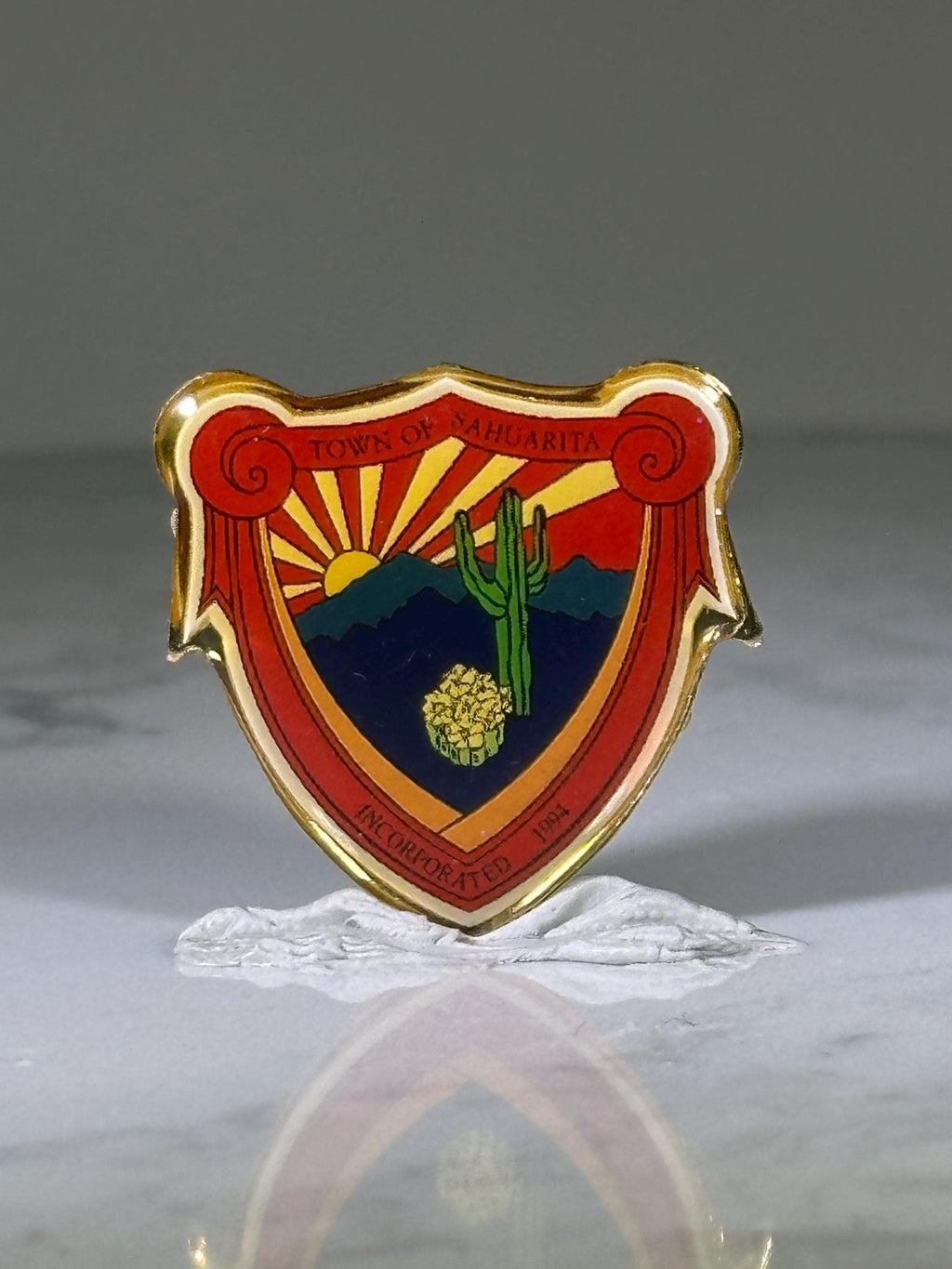 Sahuarita Town Seal Pin: Red & Gold Enamel - Southwest Collectible Accessory