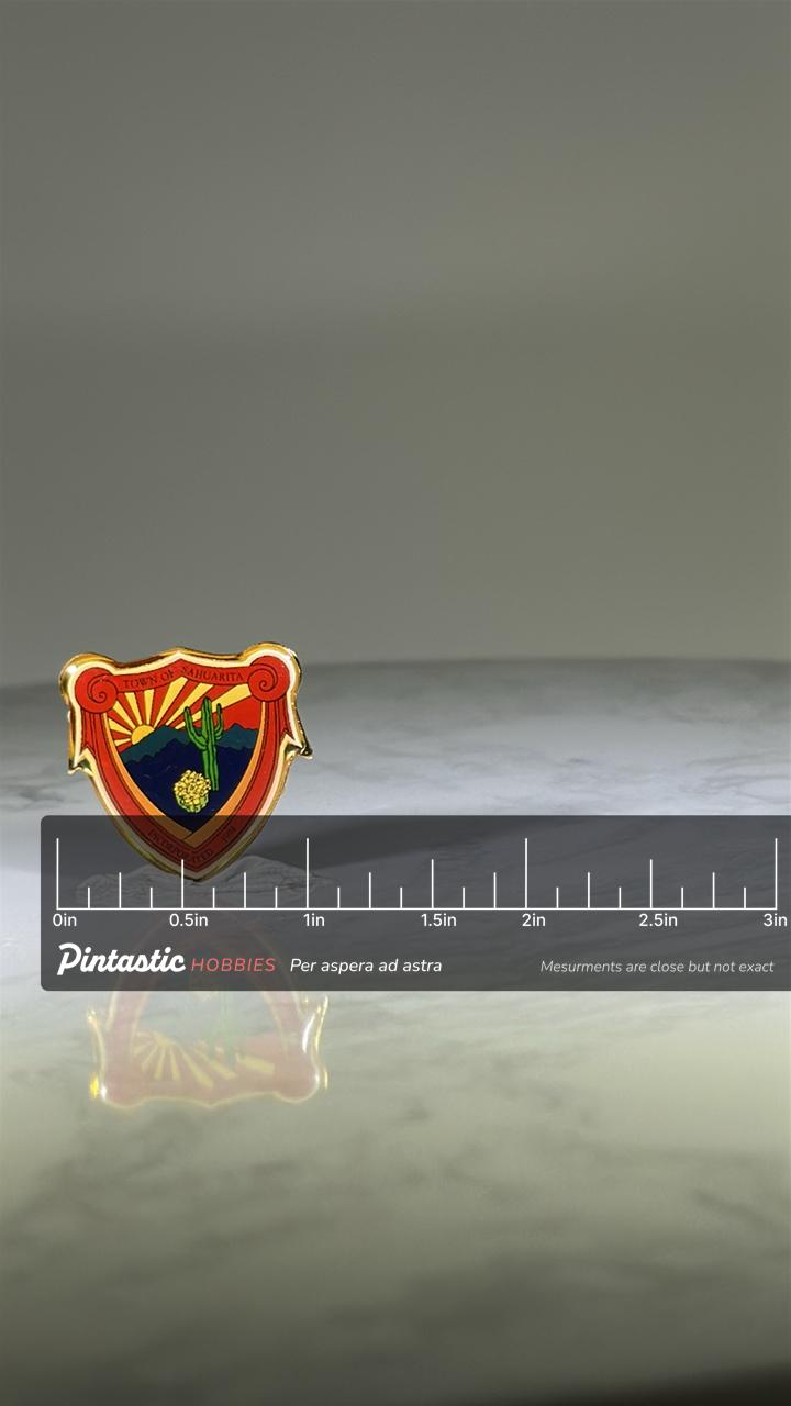 Sahuarita Town Seal Pin: Red & Gold Enamel - Southwest Collectible Accessory with ruler overlay for size reference