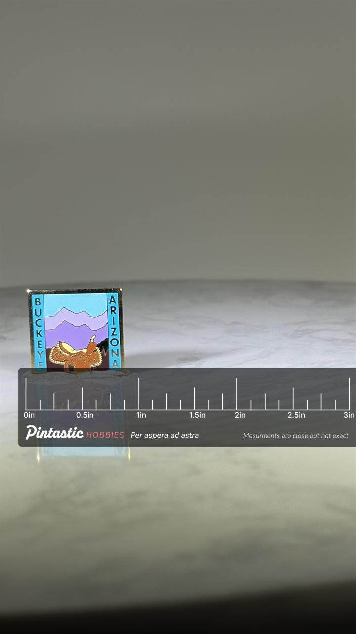 Buckeye Arizona Souvenir Pin: Purple Mountain Scene - Vintage Travel Accessory with ruler overlay for size reference