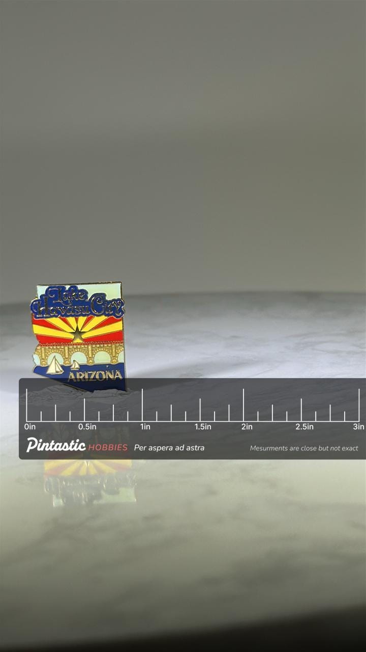 Lake Havasu City Arizona Pin: Enamel Goldtone - Retro Travel Accessory with ruler overlay for size reference