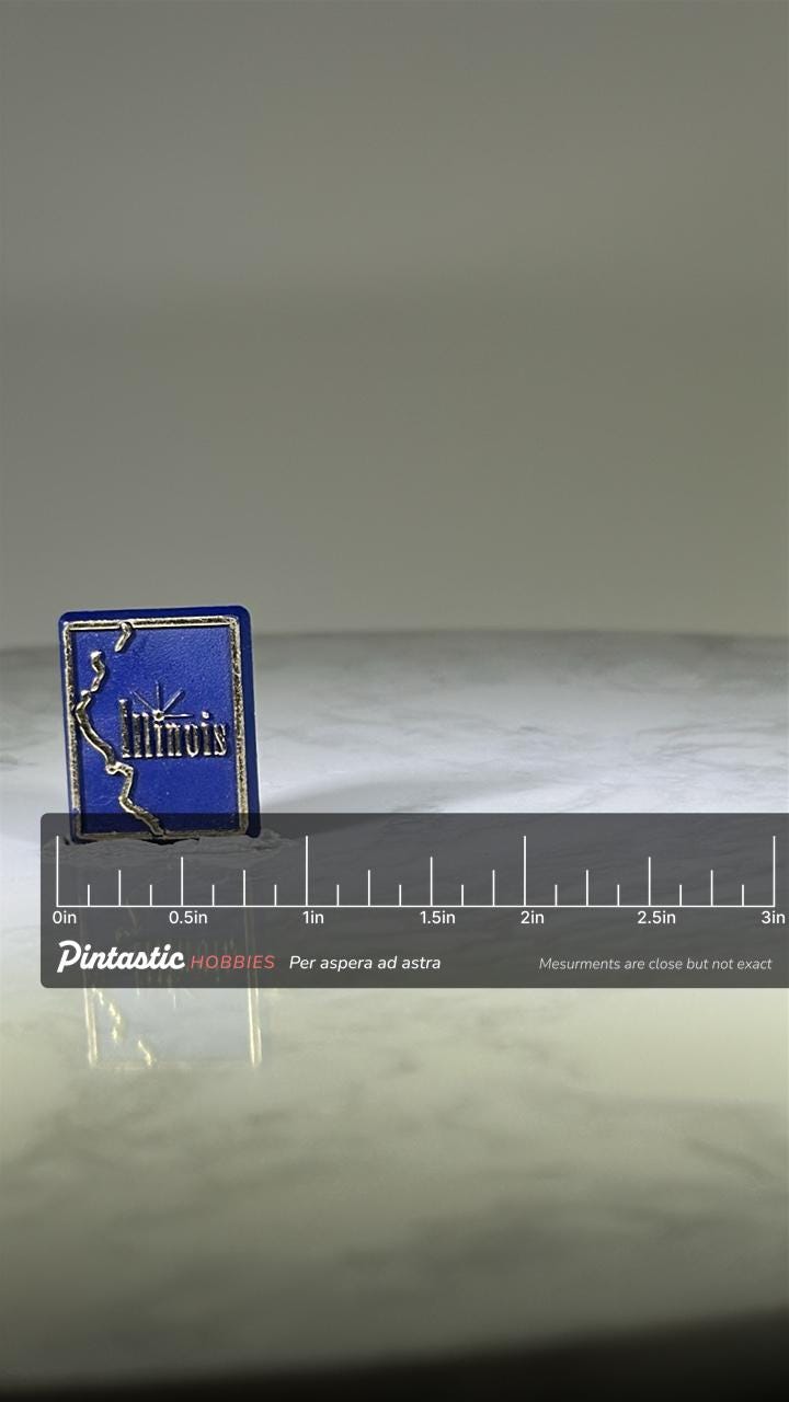 Illinois State Collectible Pin: Blue Silver Enamel - Vintage Travel Accessory with ruler overlay for size reference