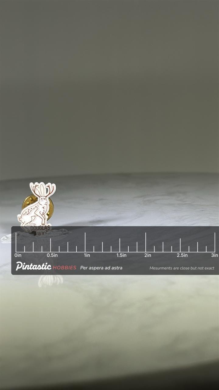 Jackalope Souvenir Pin: White & Brown Enamel - Douglas WY Travel Accessory with ruler overlay for size reference