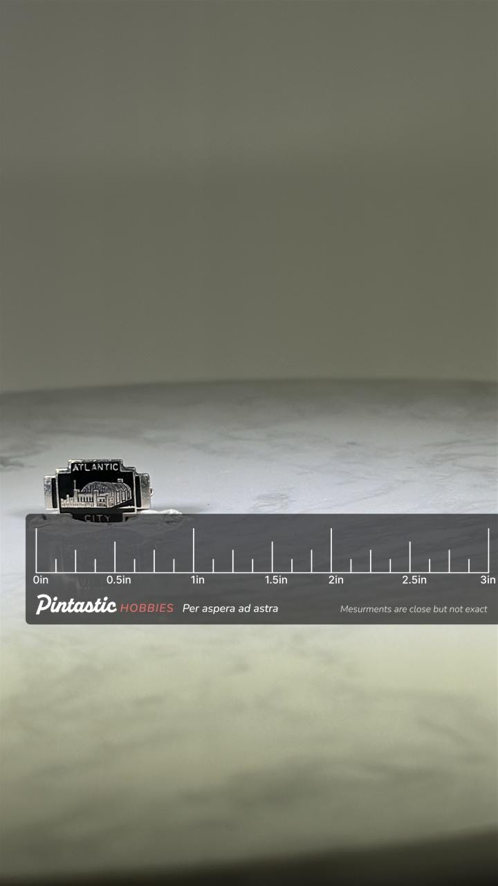 Atlantic City Pin: Silver Tone Black Enamel - Vintage Souvenir Accessory with ruler overlay for size reference