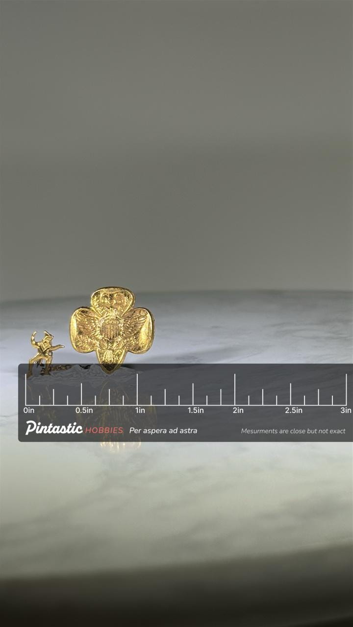 Girl Scout Pin: Gold Tone Finish - Vintage Patriotic Accessory with ruler overlay for size reference