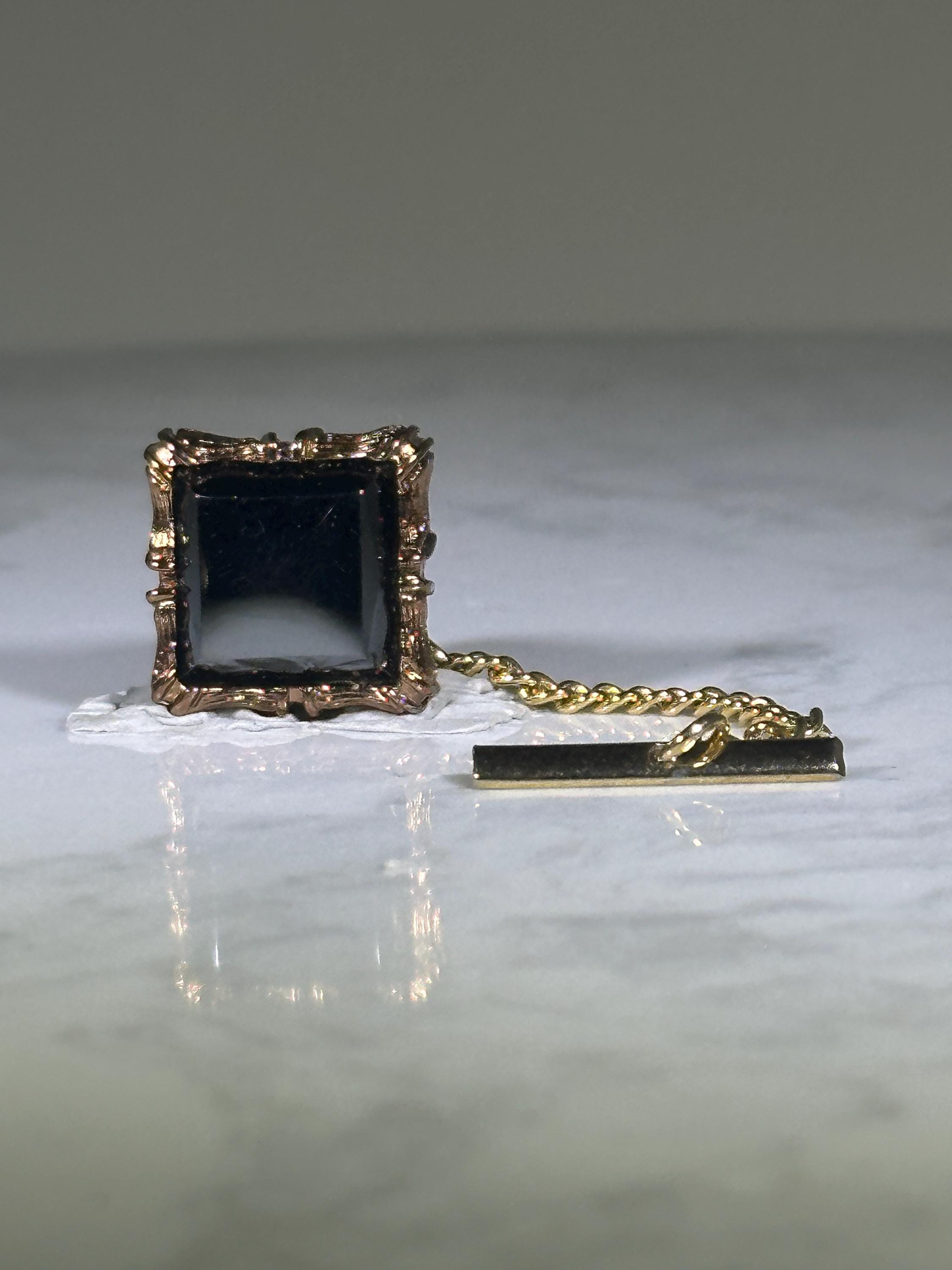Black Glass Square Tie Tack: Ornate Gold Tone - Vintage Formal Accessory