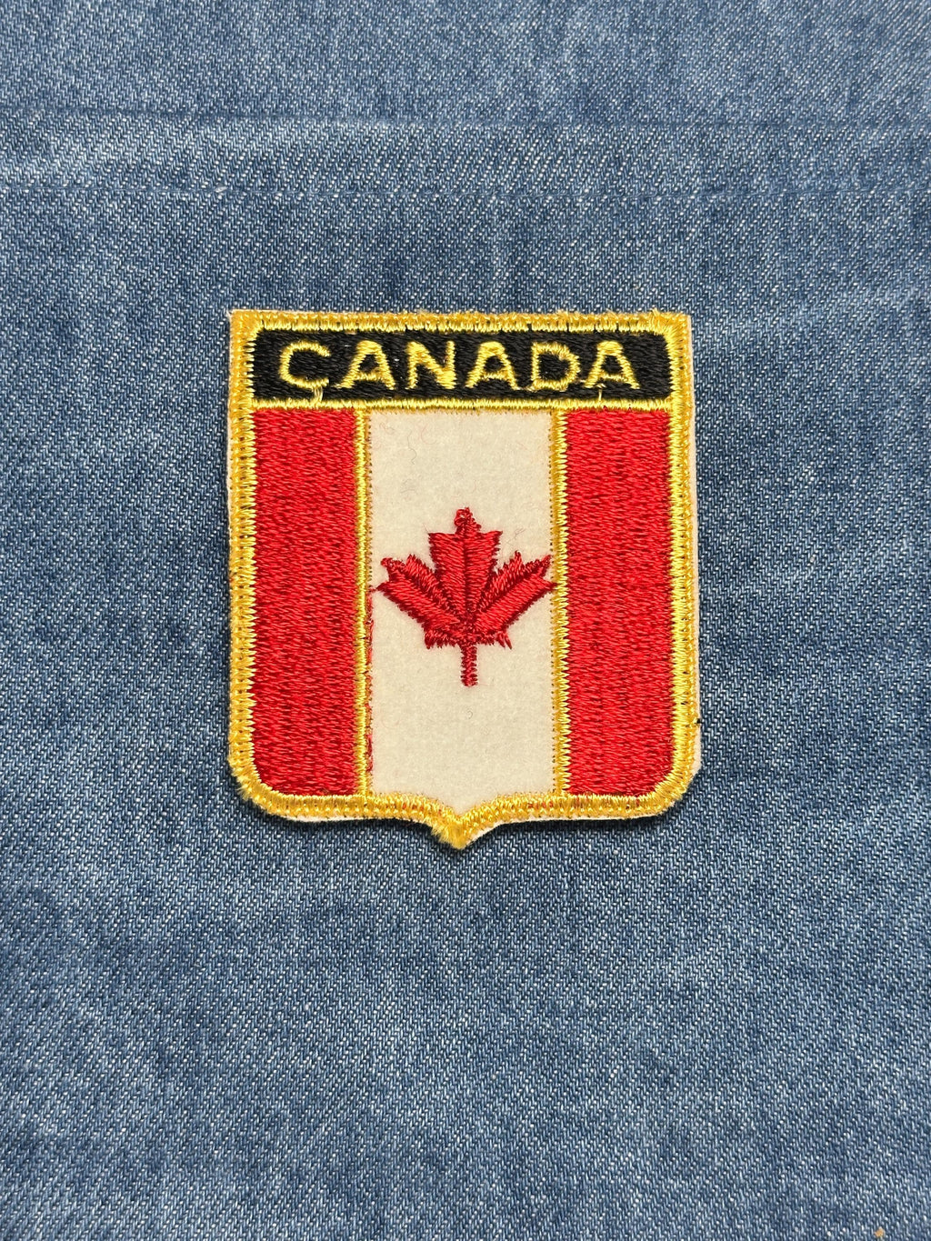 Canada Flag Iron On Patch: Red White Gold Embroidered - Vintage Travel Accessory