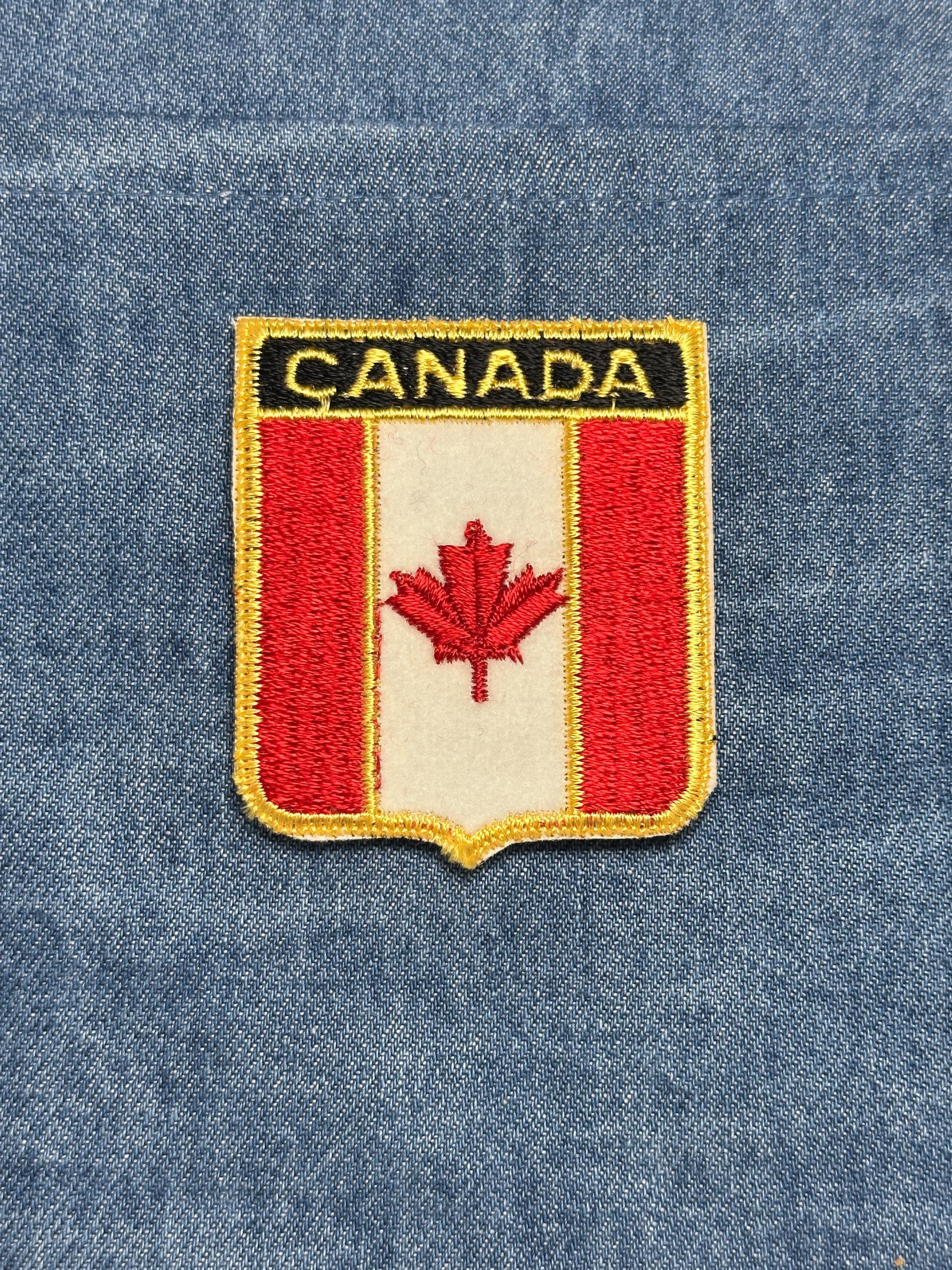 Canada Flag Iron On Patch: Red White Gold Embroidered - Vintage Travel Accessory