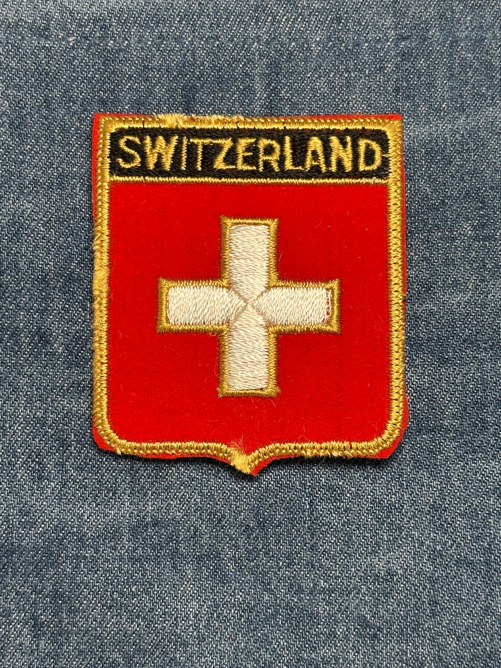 Switzerland Flag Iron On Patch: Red & Gold Shield - Vintage Travel Souvenir Accessory