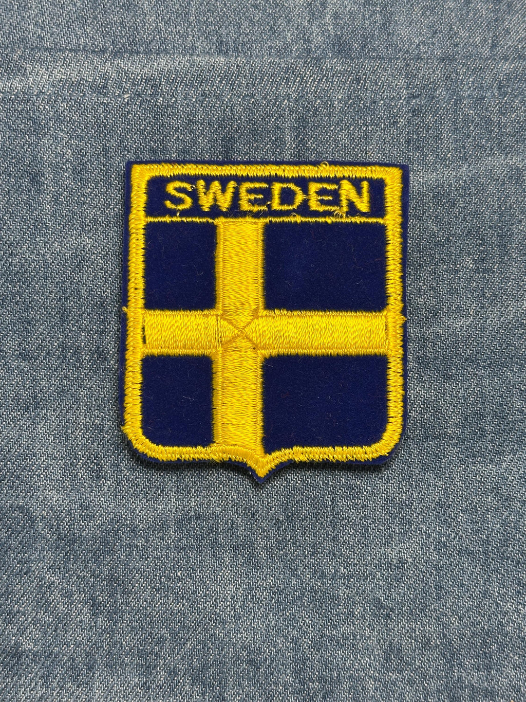 Sweden Flag Iron On Patch: Blue and Yellow Embroidered - Vintage Travel Accessory
