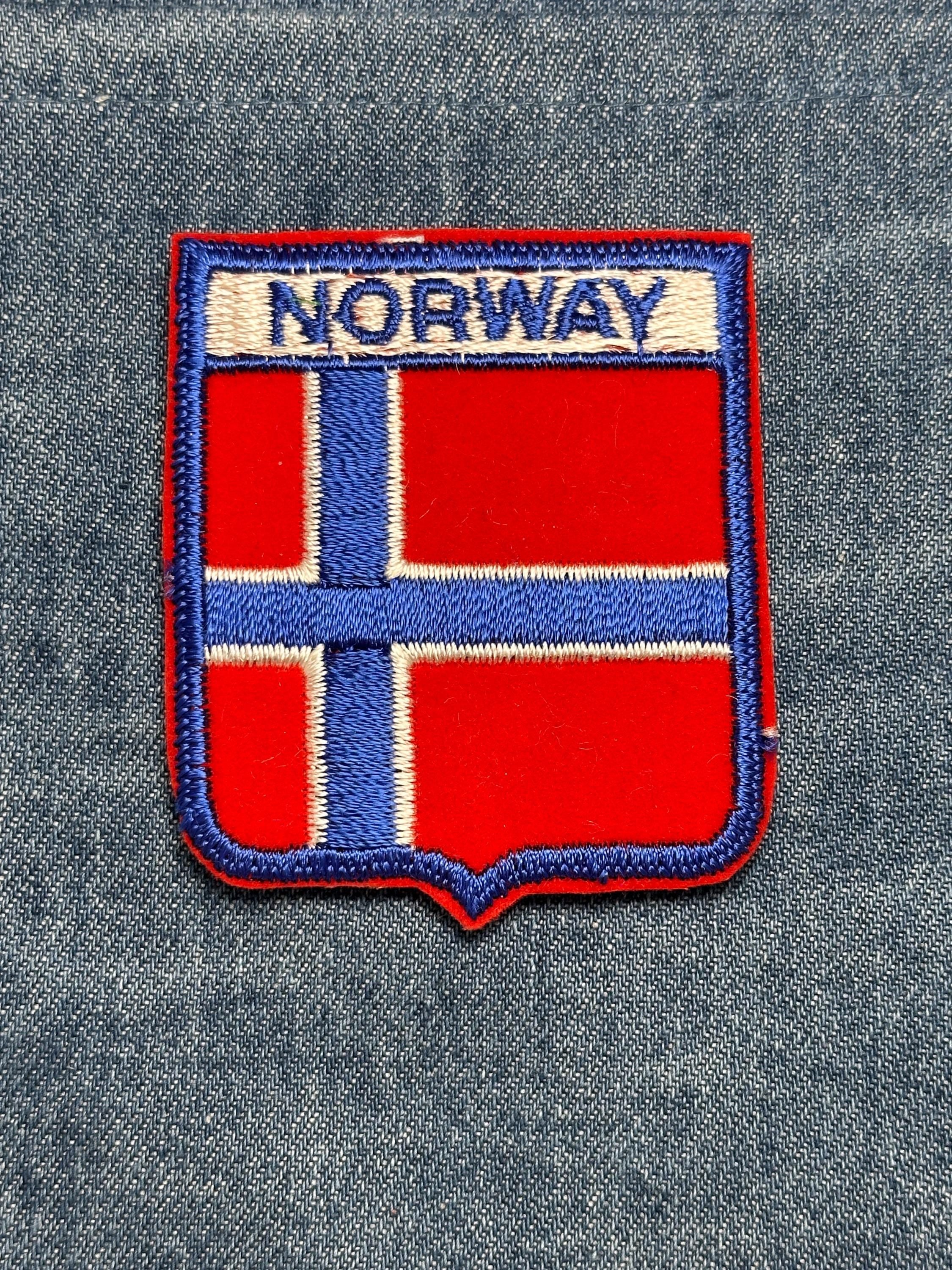 Norway Flag Iron On Patch: Red Blue Embroidered - Vintage Travel Accessory