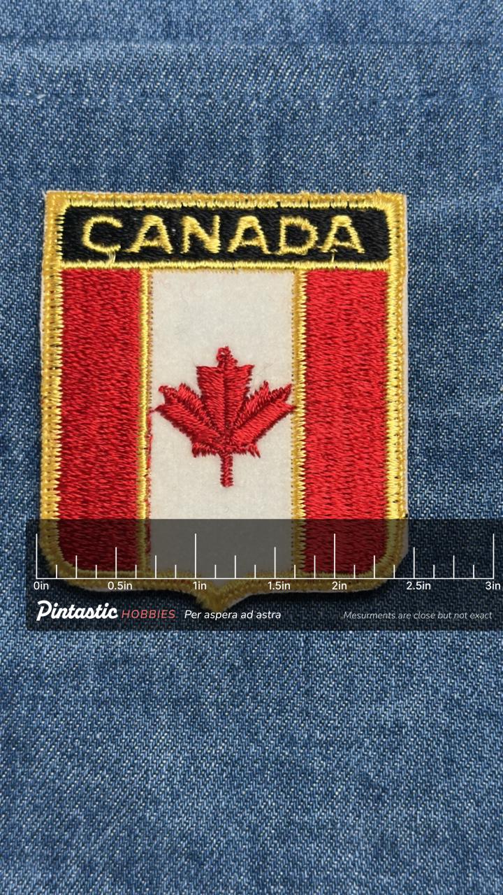 Canada Flag Iron On Patch: Red White Gold Embroidered - Vintage Travel Accessory with ruler overlay for size reference