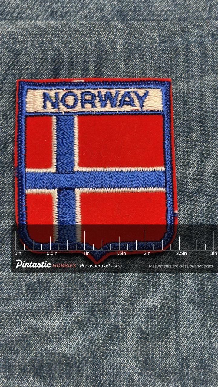 Norway Flag Iron On Patch: Red Blue Embroidered - Vintage Travel Accessory with ruler overlay for size reference