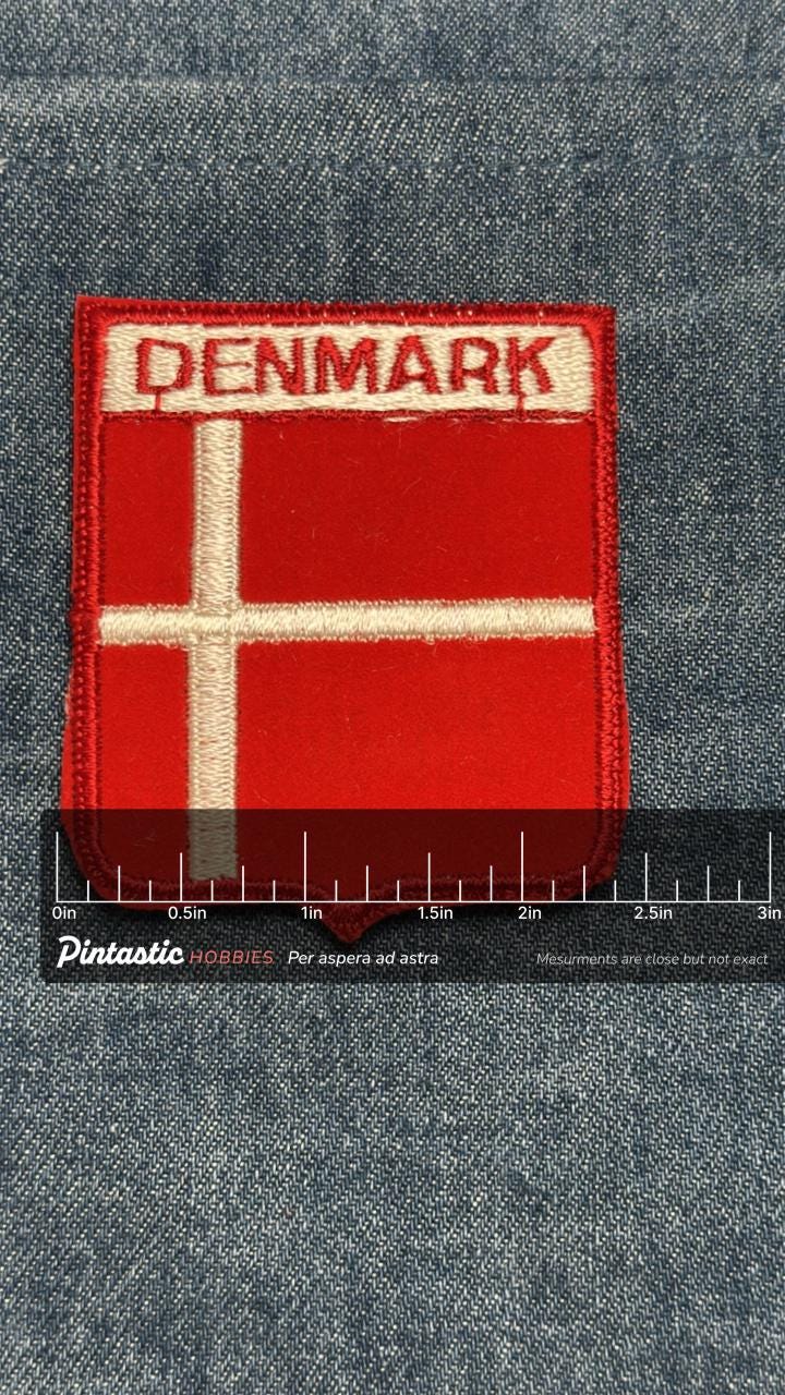 Denmark Flag Iron On Patch: Red & White Embroidered - Vintage Travel Souvenir with ruler overlay for size reference