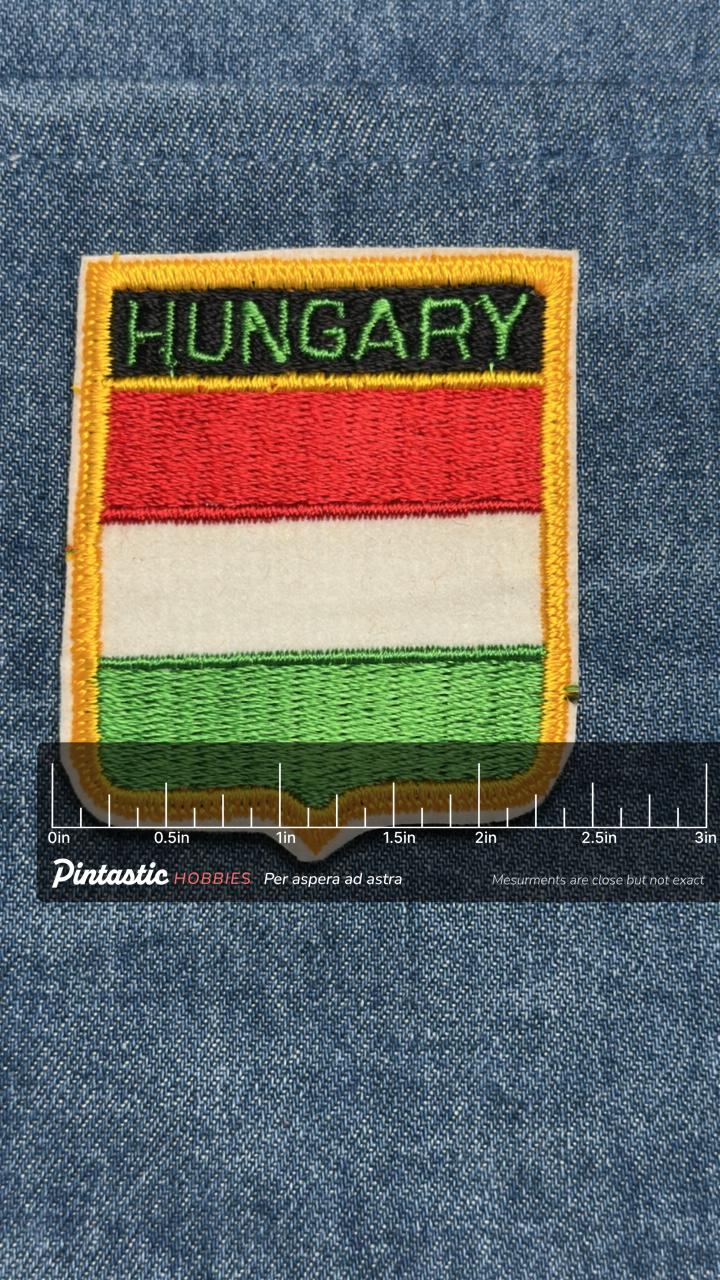 Hungary Flag Iron On Patch: Red White Green Embroidered - Travel Souvenir Accessory with ruler overlay for size reference