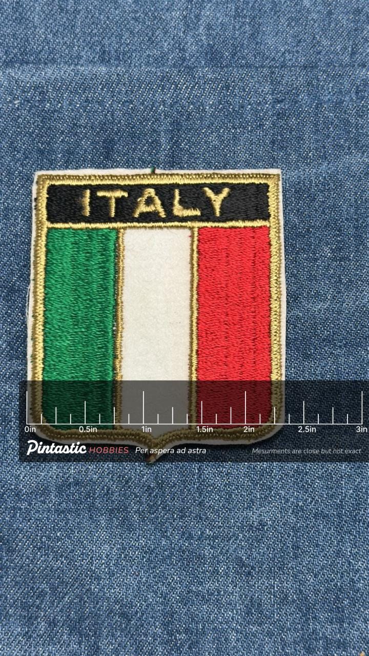 Italy Flag Iron On Patch: Embroidered Tricolor Shield - Vintage Travel Accessory with ruler overlay for size reference
